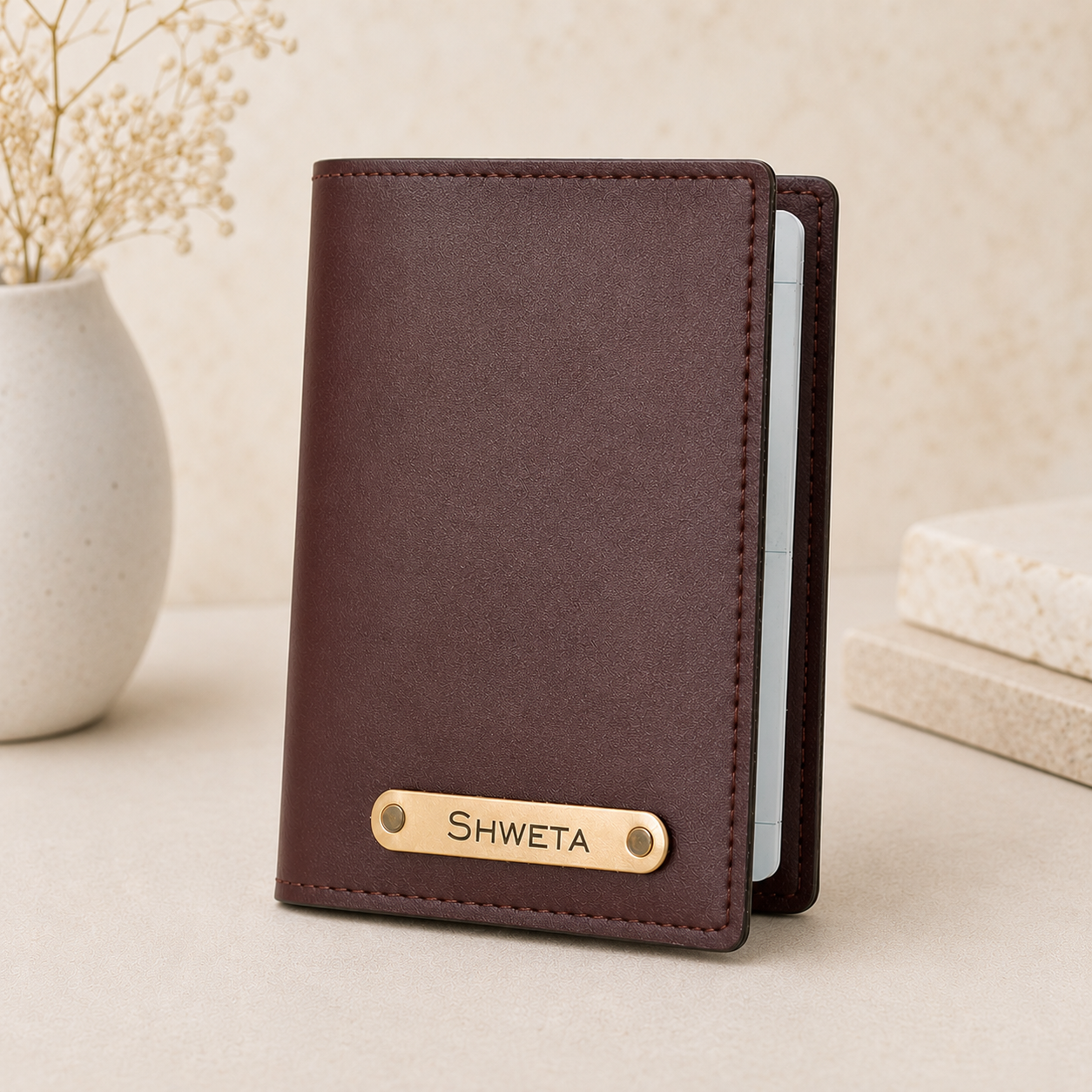Personalised Name Leather Passport Cover Holder for Men & Women Brown
