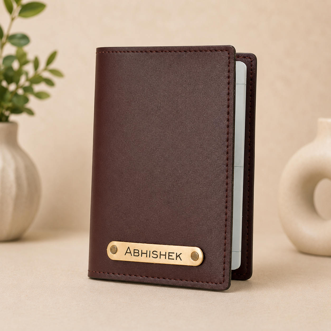 Personalised Name Leather Passport Cover Holder for Men & Women Brown